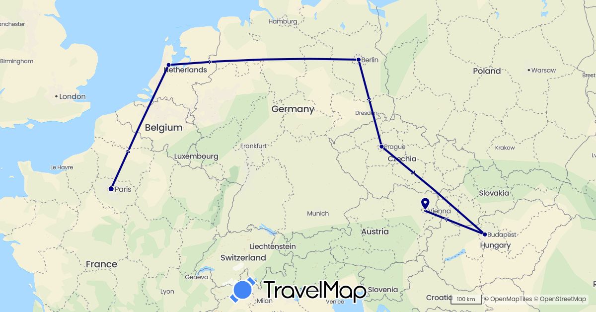 TravelMap itinerary: driving in Austria, Czech Republic, Germany, France, Hungary, Netherlands (Europe)